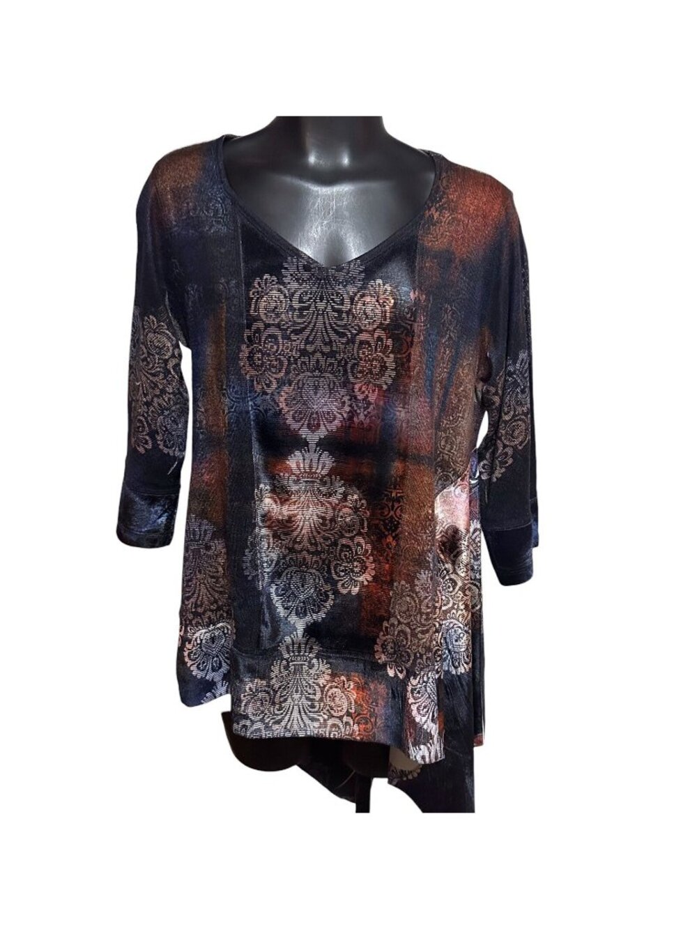 One World Womens Petite L Blue Floral Velour Tunic Hi Low V Neck 3/4 Sleeve